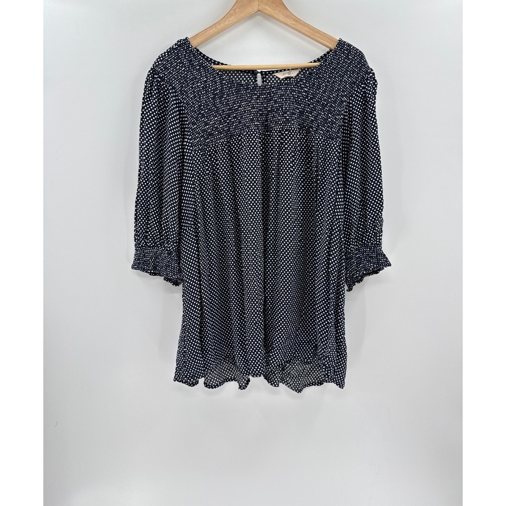 Terra & Sky Navy Blue Polka Dot Smocked Blouse 3/4 Sleeve Plus Size 4X 28W-30W